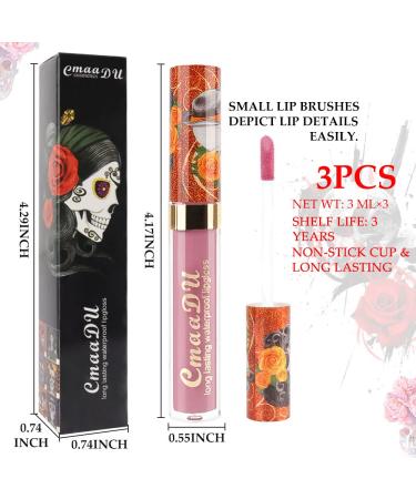 3Pcs Matte Liquid Lipsticks Set - Purple Nude Pink Dark Brown | Smudge Proof & Long Lasting | Waterproof Skull Face Lip Gloss Stain - 24 Hour Wear | Labial Mate Larga Duracion - Pack of 3 - Buy Online on GoSupps.com