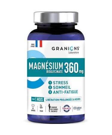 Magnesium Bisglycinate 360 MG - GRANIONS - Strong Dosage Magnesium + Vitamin B6 - Anti-Stress Adult - Magnesium Bisglycinate 360 MG - Stress Fatigue - Magnesium 60 Tablets - Made in France
