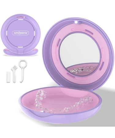 Retainer Case with Mirror and Adjustable Vent Holes Cute Slim Aligner Case Compatible with Invisalign Night Mouth Guard Case Retainer Holder with Retainer Remover Tool Chew & Brush Purple Round: Purple