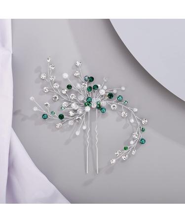BERYUAN Green Rhinestone & Pearl Crystal Wedding Hair Pins- Silver Accessory for Women & Girls - Buy Online on GoSupps.com