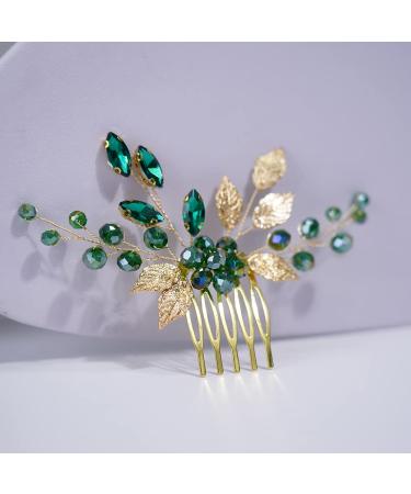 Teyglen Bridal Gold Hair Comb with Green Flower Rhinestones - Vintage Crystal Bride Hair Accessory - Buy Online on GoSupps.com