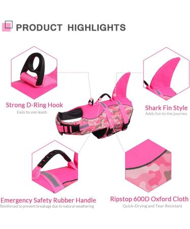 Cit toile Life Jacket for Dogs | Shark Design Lightweight & Safe Swimming Vest | Reflective Handle Pink Camouflage XL for Small Medium & Large Dogs - Buy Online on GoSupps.com