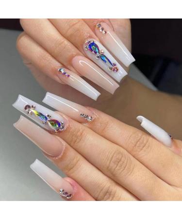 JUSTOTRY 24 Pcs Marble Coffin False Nails Long with Diamond Brown French Press on Nails Patterns Pretty Ballerina Stick on Nails for Women Acrylic Glitter Fake Nails Medium with Glue for Nail Art brown&diamond1