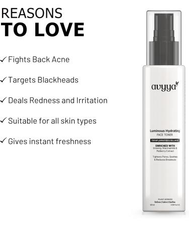 Avyya Luminous Hydrating Face Toner with Ginseng Niacinamide and Mulberry for Dull Skin Pore Tightening Acne Control Brightening | for All Skin Types Men & Women - 3.38 fl oz - Buy Online on GoSupps.com