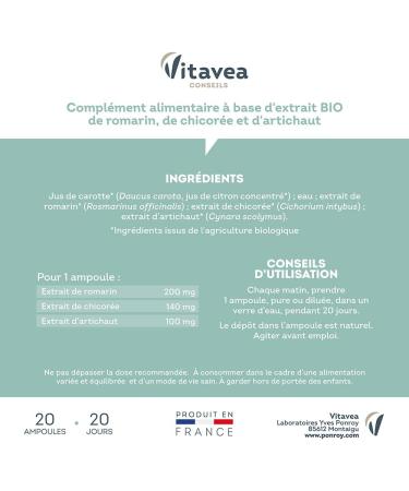 Yves Ponroy Organic Liver Detox - Draining Food Supplement - Made from Rosemary Chicory and Artichoke - Antioxidant - 20 Ampoules - 20 Day Cure - Made in France - Buy Online on GoSupps.com