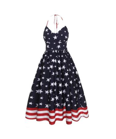 Womens Swing Dress,American Flag Printed Halter Backless A Line Pleated Flowy Independence Day Casual Dresses XX-Large Blue