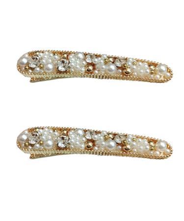 Vpang 2 Pcs Pearl Crystal Beaded Hair Barrette Clip Hair Pins Hair Clips Beak Duckbill Alligator Clip Pin Hair Accessories Women Girls (White)