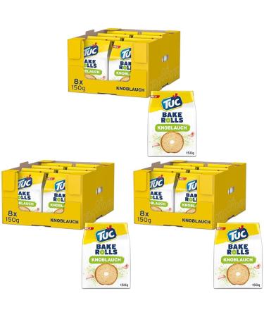 TUC Bake Rolls Garlic 8 x 150g I Crispy Bread Chips I Snack Chips Bulk Pack (Pack of 3) Garlic 150 g (Pack of 24)