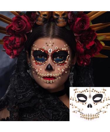 Skull Ghost Face Jewels Temporary Tattoos - Halloween Rhinestone Fake Tattoos for Cosplay Party - 3 Sheet Set - Buy Online on GoSupps.com