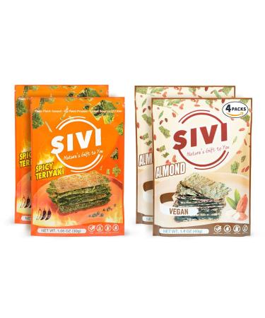 SIVI Seaweed Snacks Variety Packs, Keto, Vegan, Plant Based, High Protein Seaweed Chips with Omega 3, Natural Iodine Source, Healthy On-The-Go Snacks For Kids & Adults, Pack of 4 Variety4 Packs 4 Piece Assortment