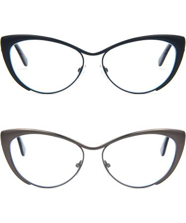 Kokobin Cat Eyes Reading Glasses - 2 Pack Metal Frame Anti-Blue Light Spring Hinge - Stylish Reading Glasses for Men & Women (Black & Gray) - 2 Diopters - Buy Online on GoSupps.com