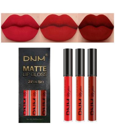 AMY'S DIARY 3Pcs Dark Bright Red Matte 24-hour Liquid Lipstick Sets Smudge Proof DNM Matte Dark Red Lipstick Lip Stain Gloss Long Lasting Waterproof labiales matte larga duracion for Women (Set05)