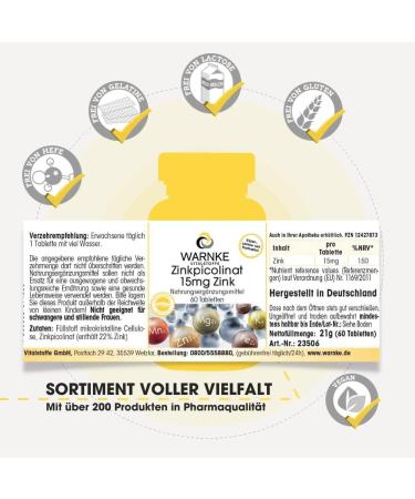 Zinc Tablets 15mg - Vegan Zinc Picolinate | 60 High Dose Tablets | Warnke Vital Substances - German Pharmacy Quality - Buy Online on GoSupps.com