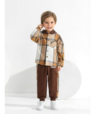 Naiyafly Toddler Boys Hoodie Plaid Sweatshirt + Pants Set | 18-24 Months | Khaki Plaid Tracksuit for Kids - Buy Online on GoSupps.com