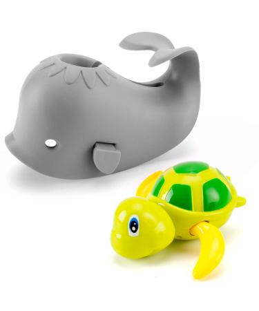 Artoflifer Baby Bath Spout Cover Baby Bathtub Faucet Cover Bath Tub Faucet Extender Protector Silicone Soft Spout Cover Purple Whale Bundles with Wind Up Turtle Faucet Baby Covers Protects Grey