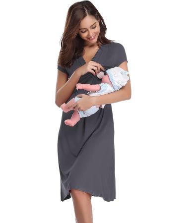 Irdcomps Women's Breastfeeding Nightdress - Maternity Nursing Nightgown - V Neck Pajama Dress - Dark Grey XL - Buy Online on GoSupps.com