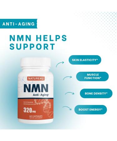 Nature4U NMN (Nicotinamide Mononucleotide) 320mg NAD+ Alternative Supplement for Anti Aging 60 Capsules | Supports Cellular Energy Muscle & Wellness - Buy Online on GoSupps.com