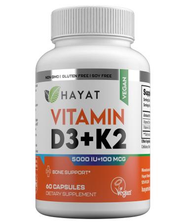 HAYAT Vitamins Vegan Vitamin D3+K2 (5000 IU + 100 MCG) Dietary Supplement for Bone Teeth Muscle and Immune Health Support 2 Month Supply Certified Halal 60 Capsules Made in The USA