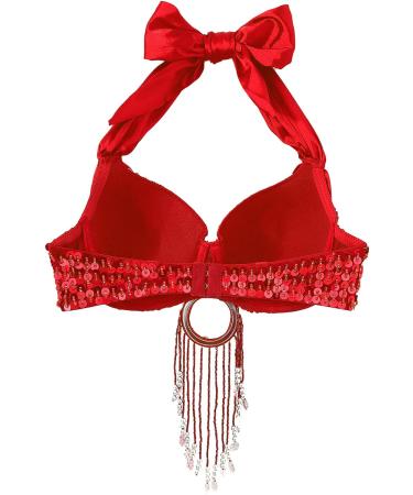 Loloda Women's Belly Dance Sequin Beaded Bra Top - Red One Size | Samba Tassels Dance Wear Costume - Buy Online on GoSupps.com