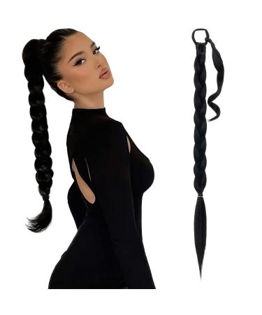 SEGO Long Braided Ponytail Extension With Elastic Hair Tie 150G Synthetic Hairpiece Straight Wrap Around Ponytail Hair Extensions - 32 Inch Black 32 Inch #1B Black