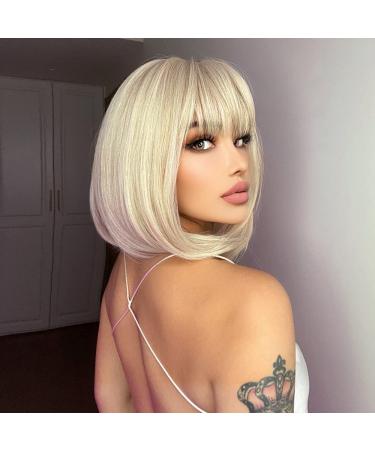 Platinum Blonde Bob Wig with Bangs - 12 Inch Heat Resistant Synthetic Wig for Daily & Party Wear - Buy Online on GoSupps.com