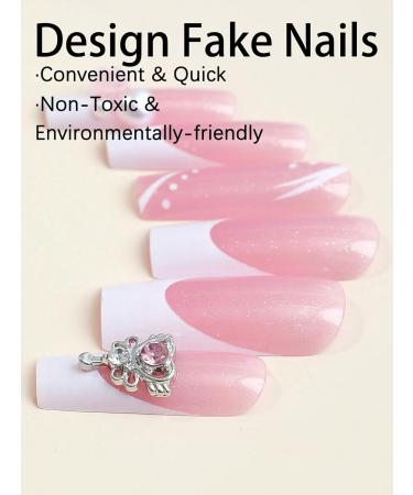 24pcs Bow Rose Coffin Fake Nail Pink Bow Press on Nails White French Cute Bow Rose Coffin Nails Luxurious Nails Acrylic Nails Fake Nails For Women Girls - Buy Online on GoSupps.com