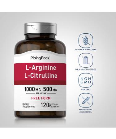 Piping Rock L-Arginine L-Citrulline Supplement 1500 mg | 120 Capsules | Free Form Pills | for Men and Women | Non-GMO Gluten Free - Buy Online on GoSupps.com