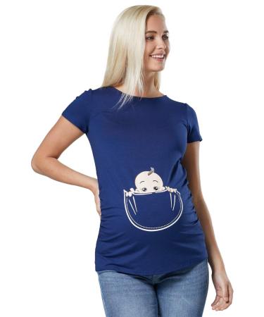 HAPPY MAMA. Women's Maternity Baby in Pocket Print T-Shirt Top Tee Shirt. 501p 16-18 Blue Grey