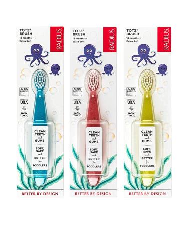 RADIUS Totz Toothbrush Extra Soft Brush BPA Free & ADA Accepted Designed for Delicate Teeth & Gums for Children 18 Months & Up - Blue Coral Yellow - Pack of 3 3 Count (Pack of 1) Blue/Coral/Yellow