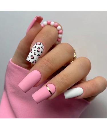 Pink Press on Nails Square Fake Nails Full Cover Acrylic Nails Leopard Print False Nails with Frosted Design Medium Length Artificial Nails Glossy Glue on Nails Stick on Nails for Women 24Pcs A2