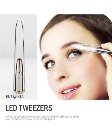 Eutuxia LED Light Tweezers - Stainless Steel Eyebrow & Eyelash Hair Removal Tool for Precision Plucking & Trimming. Illuminate Dark Areas for Better Accuracy. Single Tweezer - Buy Online on GoSupps.com