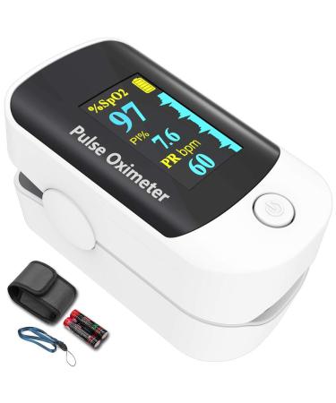 Pulse oximeter fingertip, Portable blood oxygen saturation monitor for heart rate and SpO2 level, O2 monitor finger for oxygen,Pulse Ox,Oxi Include carrying case,lanyard and batteries, Grey-White
