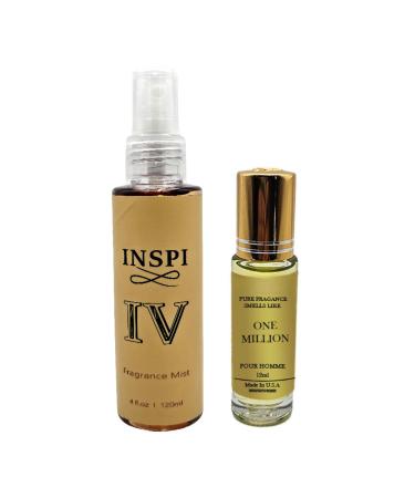 Fragrance Perfume Mist INSPI 4 floz + Oils One million Cologne Roll On Body Oil for Men (12ml) (Pack of 2)