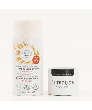 ATTITUDE Sensitive Skin Sunscreen Stick SPF 30 - Plant-Based Mineral Formula - Coral-Friendly Vegan Sun Care - 3 Oz - Buy Online on GoSupps.com