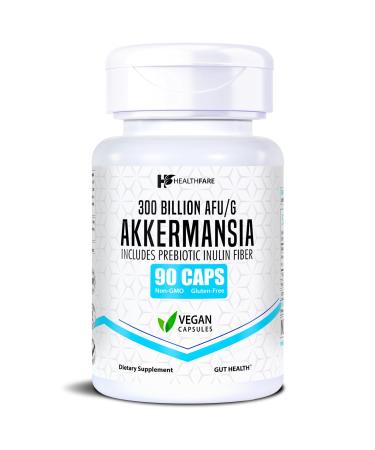 Healthfare Akkermansia Muciniphila Probiotic | 300 Billion AFU | 90 Vegan Capsules | Inulin Prebiotic for Gut Health & Digestive Support | Non-GMO Gluten-Free | Made in USA