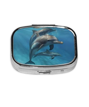 Dolphins Art Printing 2 Compartment Small Pill Case Cute Small Pill Box Purse Pill Boxs Travel Pill Organizer for Pocket Purse and Travel Gifts