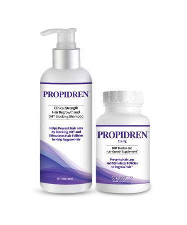 Propidren Combo Pack - DHT Blocker & Hair Growth Supplement (1 Bottle 60 Count) & Shampoo (1 Bottle 8 Ounces) to Prevent & Stop Hair Loss & Regrow Hair. Proprietary Hair Regrowth Treatment