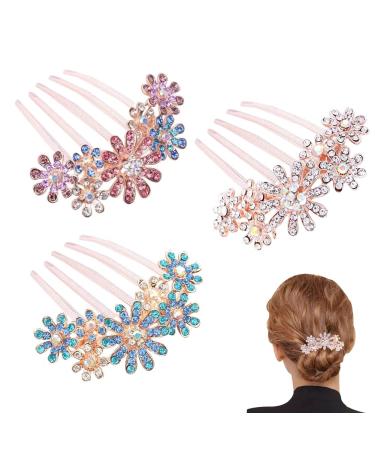 KuuGuu 3 PCS Women Rhinestone Inlaid Flower Hair Comb Hairpin Barrette Crystal Rhinestones Women Hair Side Combs Hair Accessories for Women Silver + Blue + Mixed color