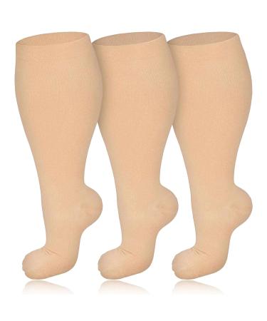 3 Pairs Plus Size Compression Socks for Women & Men 20-30 mmHg Wide Calf Extra Large Knee High Flight Socks Compression Stockings for Circulation Support 4XL 3PCS-Nude