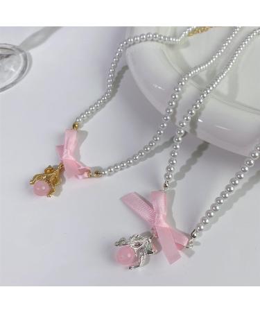 Oralgos Elegant Pearl Necklace with Bow | Adjustable Collarbone Chain for Weddings & Special Occasions - Silver - Buy Online on GoSupps.com