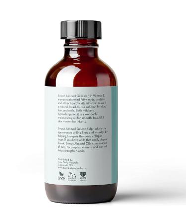 Pure Body Naturals Sweet Almond Oil 4 fl oz - Cold Pressed, 100% Pure for Hair, Skin, Nails, Massage - Carrier Oil - Buy Online on GoSupps.com