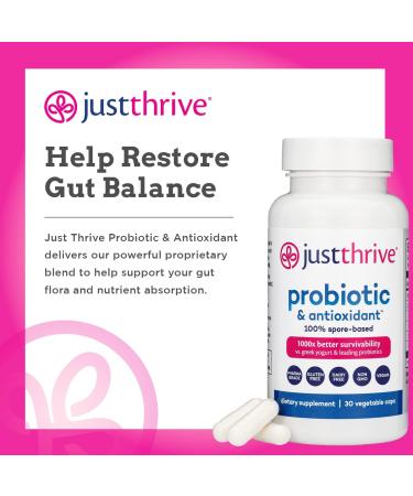 Just Thrive Probiotic & Antioxidant - Vegan Proprietary Blend - 30-Day Supply - 100% Spore-Based - 1000x Survivability - Immune & Digestive Health Support - Gluten-Free - 30 Count - Buy Online on GoSupps.com