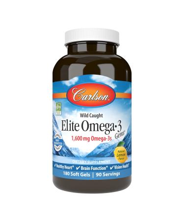 Carlson Labs Wild Caught Elite Omega-3 Gems Natural Lemon Flavor 1600 mg 180 Soft Gels