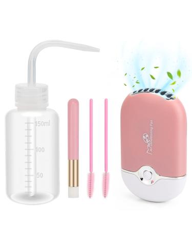 5 Pcs Eyelash Fan Kit  USB Mini Portable Rechargeable Handheld Bladeless Air Conditioning Cooling Refrigeration Fan Lash Shampoo Brushes  Squeeze Bottle Eyelash Cleanser Kit for Home & Salon Supplies Pink