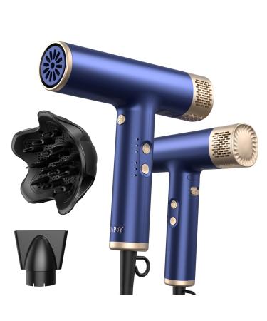 YAPOY Professional Hair Dryer with Diffuser Fast Drying 200 Million Ionic Blow Dryer with 110 000 RPM High-Speed No Heat Damage Intelligent Thermo-Control Low Noise - Blue Bule+gold