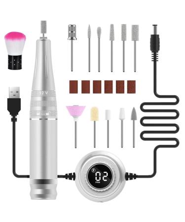 Foxzone Electric Nail Drill - 35000 rpm Adjustable Portable Nail Drills, Professional Powerful and Quiet Nail File Nail Drills, with Visible Display Screen for Acrylic Gel Nails (Silver)