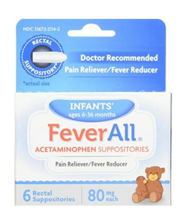 FeverAll Infants Acetaminophen Suppositories 6 Rectal Suppositories 80mg each (Pack of 3)