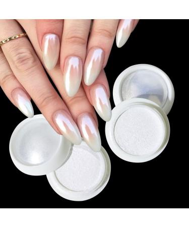 White pearl chrome nail powder- 2pcs chrome nail powder nail art glitter glassy pearl effect nail powder chrome pigment powder for chrome nails and glazed donut nails for DIY salon B white