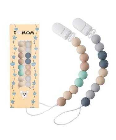 Pacifier Clip Teether Toy Baby Pacifier Holder Clip 2 Packaging Silicone Pacifier Bracket with Beaded Design Silicone Pacifier Clip for Baby Teething Toy (Gray + Mint Green)