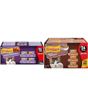 Purina Friskies Turkey Experience Wet Cat Food Super Pack 32 x 156g Cans Brown (44338) & Gravy Pleasers Wet Cat Food Chicken Variety Pack 3 Flavours - 156 g Can (24 Pack) Cat Food + Cat Food 24 Pack
